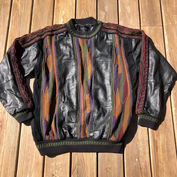 Vtg Saxony Leather Knit Sweater 